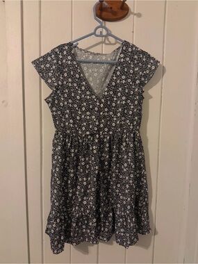 Black Floral Mini Dress with White Daisy Print
